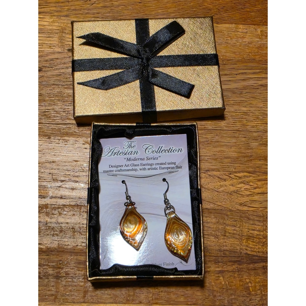 The Artesian Collection Moderna Series Art Glass Earrings Amber Gold Silver Tone